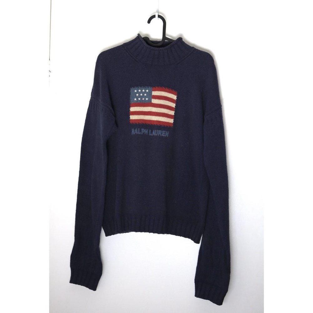 Vintage 90s Ralph Lauren Sz M Iconic Flag Americana Blue Sweater USA